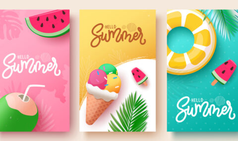 Summer hello greeting text vector poster set. Hello summer greeting with coconut drink, ice cream, floaters and watermelon beach elements