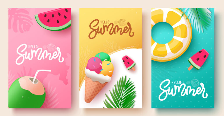 Summer hello greeting text vector poster set. Hello summer greeting with coconut drink, ice cream, floaters and watermelon beach elements