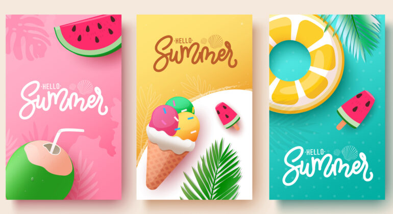 Summer hello greeting text vector poster set. Hello summer greeting with coconut drink, ice cream, floaters and watermelon beach elements